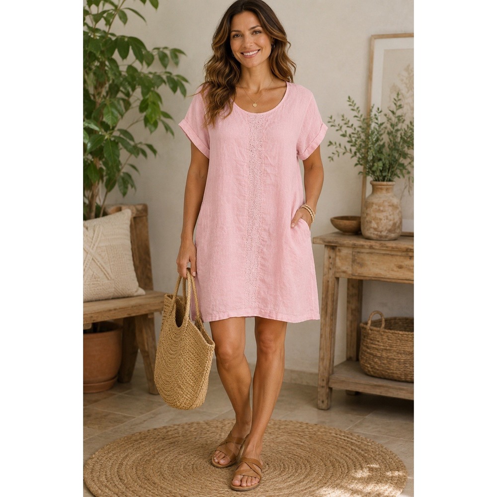 Valentina Naldi Tunic Dress Womens M Pink Linen Embroidered Italian Casual Basic